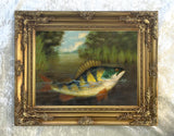 Fine Angling Oleograph on Canvas - Perch Rising to Bait