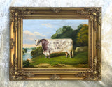 Fine Gilt Framed  Oleograph "A Prize Bull in a River Landscape"