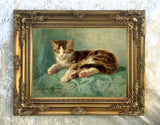 Oleograph on Canvas of a Tabby Cat on a Cushion in a Gilt Gesso Frame