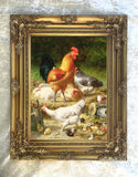 Fine Oleograph on Canvas of Chickens Hens & Chicks in a Stable Yard