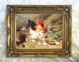 Fine Oleograph on Canvas - "Family" Chickens & Hens in a Stable