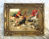 Fine Oleograph on Canvas - Chickens & Cats in a Stable