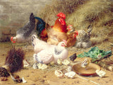 Fine Oleograph on Canvas - "Family" Chickens & Hens in a Stable
