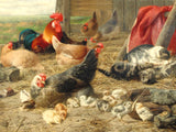 Fine Oleograph on Canvas - Chickens & Cats in a Stable
