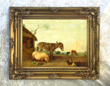 Fine Oleograph on Canvas of a Donkey, Pig & Chickens in a Yard
