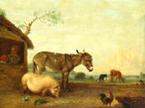 Fine Oleograph on Canvas of a Donkey, Pig & Chickens in a Yard