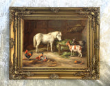 Fine Oleograph on Canvas of a Pony, Chickens, & Goats in a Stable