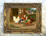 Fine Oleograph on Canvas - Chickens & Pigeons in a Rural Yard