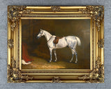 Oleograph on Canvas of a Saddled Grey Hunter in a Loose Box