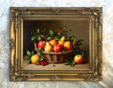 Fine Oleograph on Canvas Still Life of Festive Fruit in a Wicker Basket on a Marble Ledge