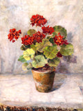 Exquisite Oleograph on Canvas Still Life of Geraniums in a Flower Pot
