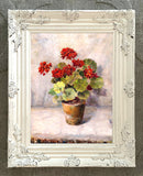Exquisite Oleograph on Canvas Still Life of Geraniums in a Flower Pot