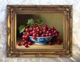 Superb Still Life Oleograph on Canvas  of Grapes in an Antique Chinese Blue & White  Bowl