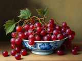 Superb Still Life Oleograph on Canvas  of Grapes in an Antique Chinese Blue & White  Bowl