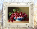 Superb Still Life Oleograph on Canvas  of Grapes in an Antique Chinese Blue & White  Bowl