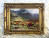 A Herd of Highland Cattle grazing - Fine Oleograph on Canvas after Bosworth Hurt