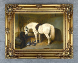 Fine Oleograph of a White Horse & Ducks in a Stable