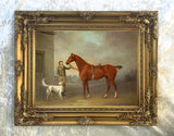Fine Oleograph on Canvas - Chestnut Hunter with a Groom by a Stable