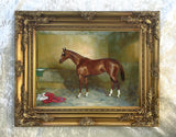 Fine Oleograph on Canvas of a Chestnut Racehorse in a Stable
