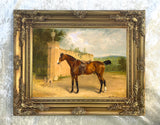 Fine Oleograph on Canvas of a Saddled Bay Horse with a Hound