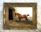 Fine Oleograph on Canvas of a Chestnut Horse & Terrier in a Yard