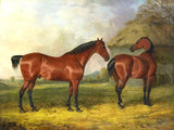 Fine Oleograph on Canvas of 2 Bay Horses in a  Rural Landscape