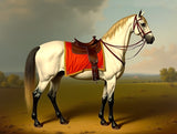 Gilt Framed Oleograph of a White Arabian Horse with a Red Blanket