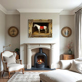 Gilt Framed Oleograph of a White Racehorse with a Red Blanket in a Stable