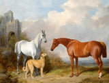 Horses & a Hound in a Palladian Landscape - Fine Oleograph on Canvas