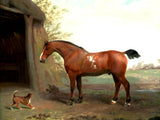 Fine Oleograph on Canvas of a Chestnut Horse & Terrier in a Yard