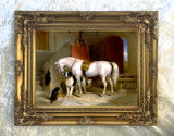 Gilt Framed Oleograph of a White Horse in a Stable
