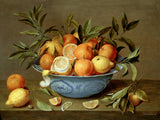 Beautiful Oleograph on Canvas Still Life of Lemons in a Blue & White Bowl
