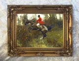 Fine Oleograph on Canvas of a Huntsman "Over the Hedge" aft. Munnings