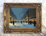 Elegant Lithograph on Canvas of a Parisian Winter Twilight Street Scene