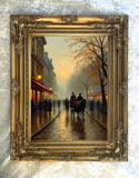 Exquisite Lithograph on Canvas of a Parisian Rainy Autumn Twilight Street Scene