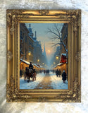 Exquisite Oleograph on Canvas of a Parisian Winters Twilight Street Scene
