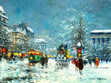 Beautiful  Lithograph on Canvas of a busy Parisian Wintry Street at Twilight