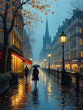 Exquisite Lithograph on Canvas of a Parisian Rainy Autumn Twilight Scene