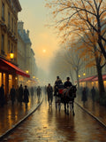 Exquisite Lithograph on Canvas of a Parisian Rainy Autumn Twilight Street Scene