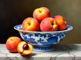 Beautiful Oleograph on Canvas Still Life of Peaches in a Chinese Bowl