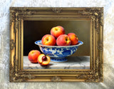 Beautiful Oleograph on Canvas Still Life of Peaches in a Chinese Bowl