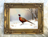 Superb Lithograph on Canvas - A Cock Pheasant in a Snowy Woodland Landscape