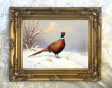 Fine Lithograph on Canvas - A Cock Pheasant in a Winter Woodland Landscape