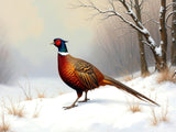 Superb Lithograph on Canvas - A Cock Pheasant in a Snowy Woodland Landscape