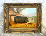 Fine Oleograph on Canvas Portrait of a Prize Pig outside a Stable