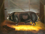 Fine Oleograph on Canvas Portrait of the Prize Pig "Cromwell" in a Stable