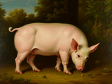 Fine Oleograph on Canvas Portrait of the Prize Pig "Falstaff" in a Stable Yard