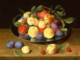 Beautiful Oleograph on Canvas Still Life of Plums & Peaches on a Pewter Plate