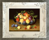 Beautiful Oleograph on Canvas Still Life of Plums & Peaches on a Pewter Plate