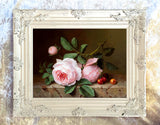 Exquisite Oleograph on Canvas Still Life of Pink Roses on a Marble Ledge
